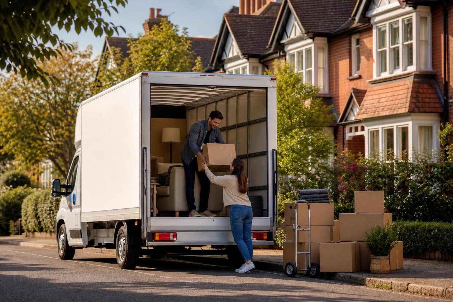 Couple loading boxes into a Luton van on a leafy residential street in Farnham