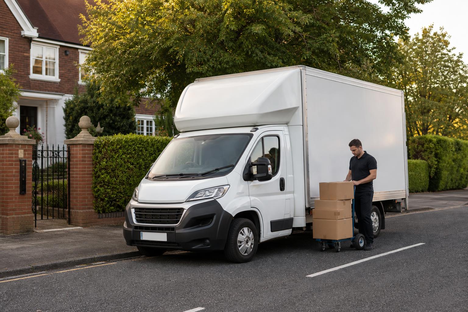 Small business delivery scene with a Luton van on a leafy suburban street in Epsom